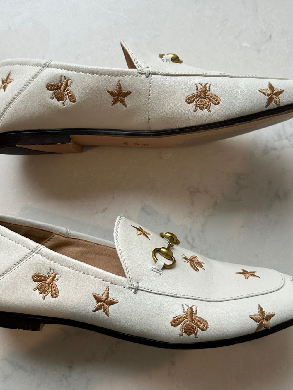 & Other Stories White Leather Embroidered Star & Bee Loafers with Gold Bit - Picture 3 of 5
